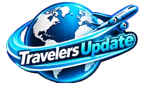Travelers Update dark mode mobile logo with blue globe and airplane