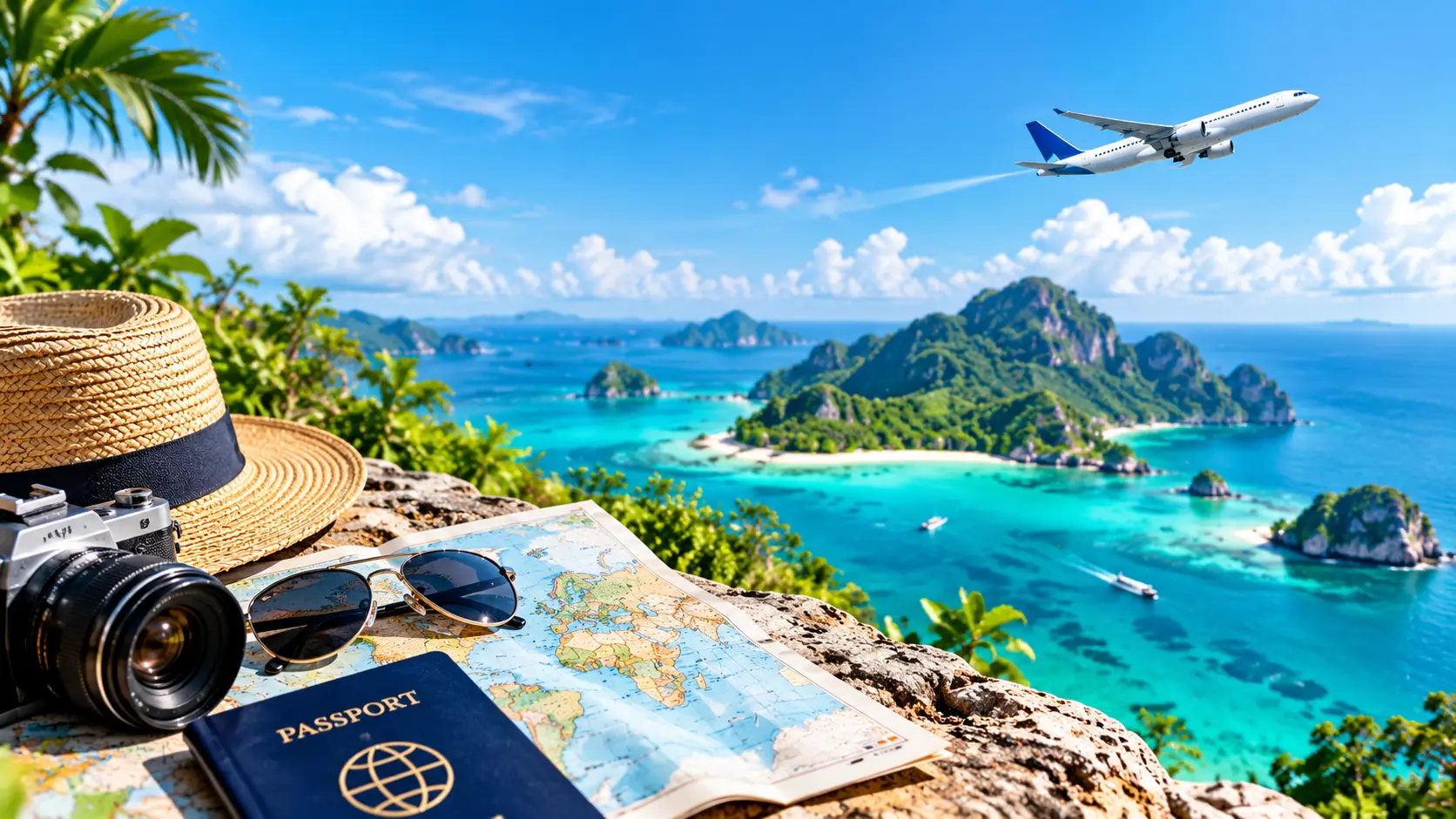 Tropical island travel scenery with an airplane, passport, and world map